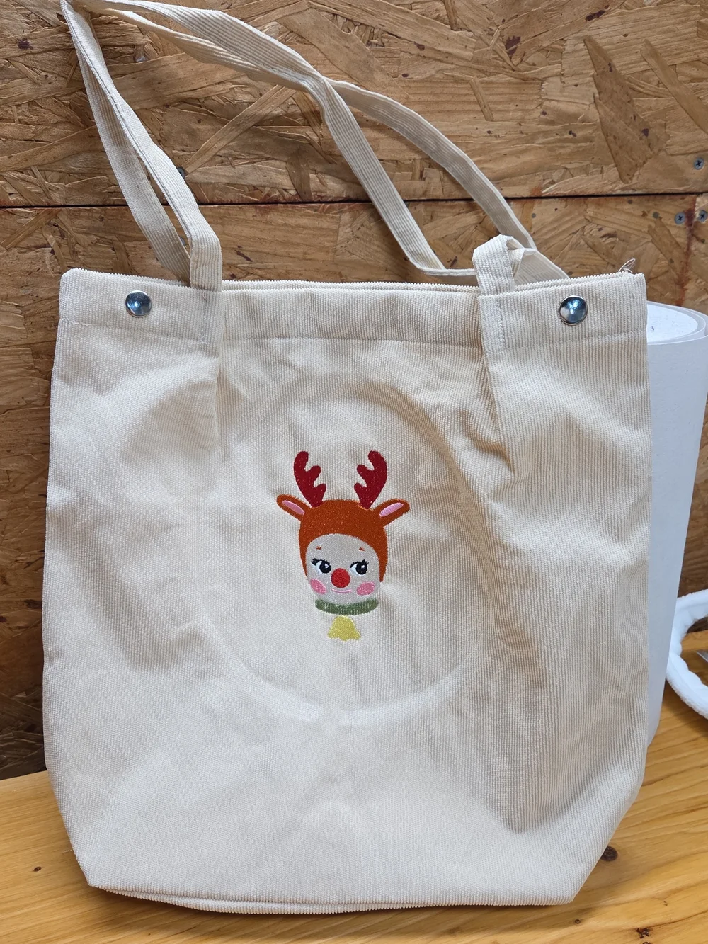 Corduroy Tote Bag with Reindeer Embroidery - Cream
